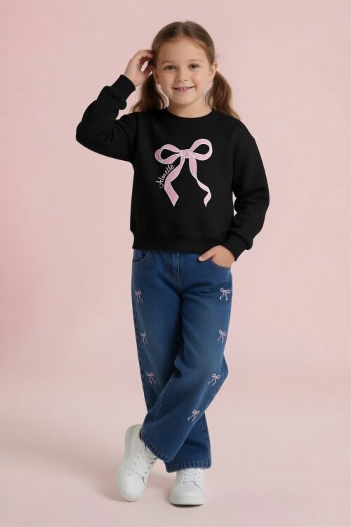 Siyah Fiyonk Nakışlı Sweatshirt Jean Pantolon Kız Çocuk Takım 24528