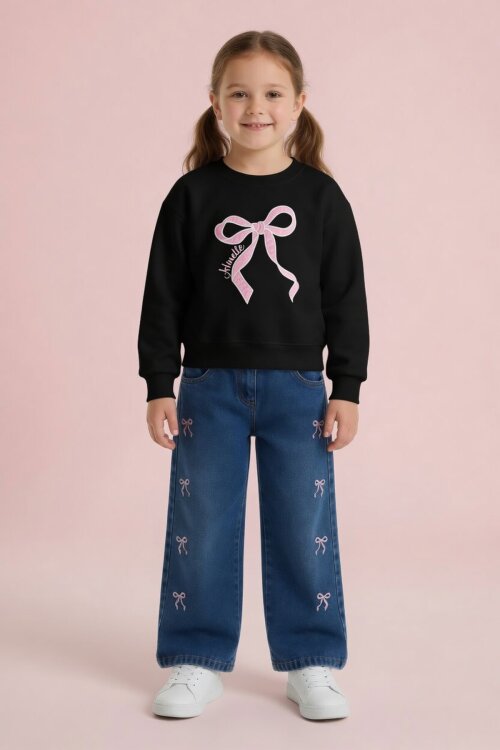 Siyah Fiyonk Nakışlı Sweatshirt Jean Pantolon Kız Çocuk Takım 24528