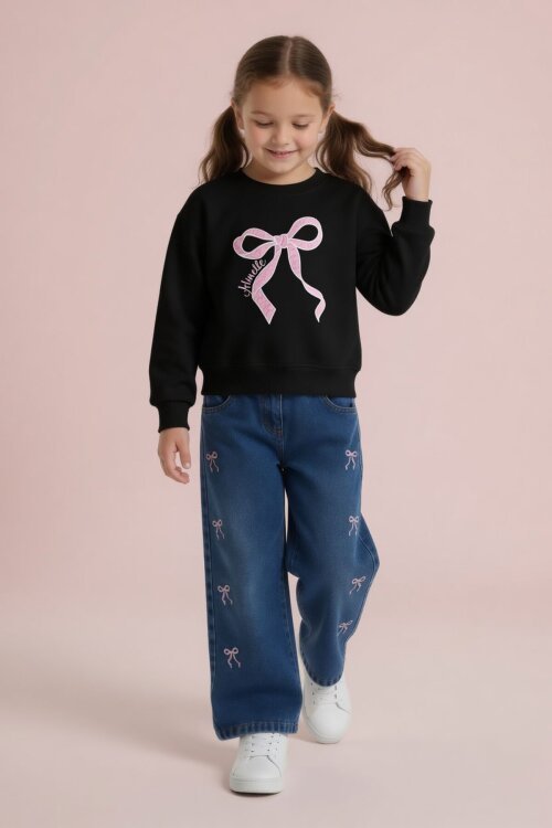 Siyah Fiyonk Nakışlı Sweatshirt Jean Pantolon Kız Çocuk Takım 24528