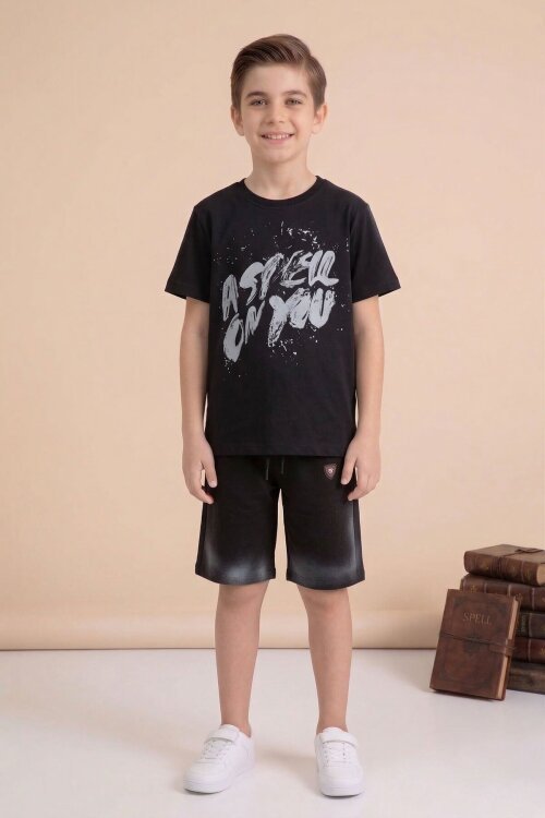 Siyah Grafiti Baskılı Tişörtlü Şortlu Erkek Çocuk 2li Takım  23772