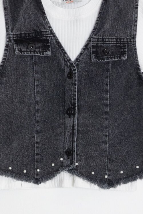 Siyah İnci Detaylı Geniş Paça Pantolonlu Jean Yelekli Kız Çocuk 3lü Takım 24071