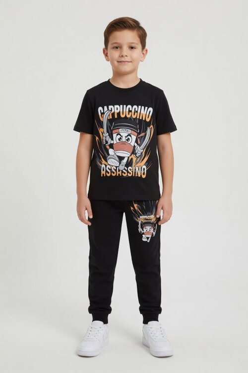 Siyah Karakter Baskılı Bisiklet Yaka Tişörtlü Erkek Çocuk Eşofmanlı Takım 23845