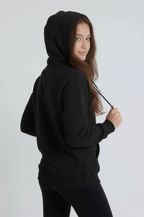 Siyah Kız Çocuk Kanguru Cepli Şardonlu Kapüşonlu Sweatshirt 24687
