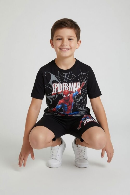 Siyah Örümcek Adam Baskılı Tişörtlü Erkek Çocuk Şortlu Takım  23941