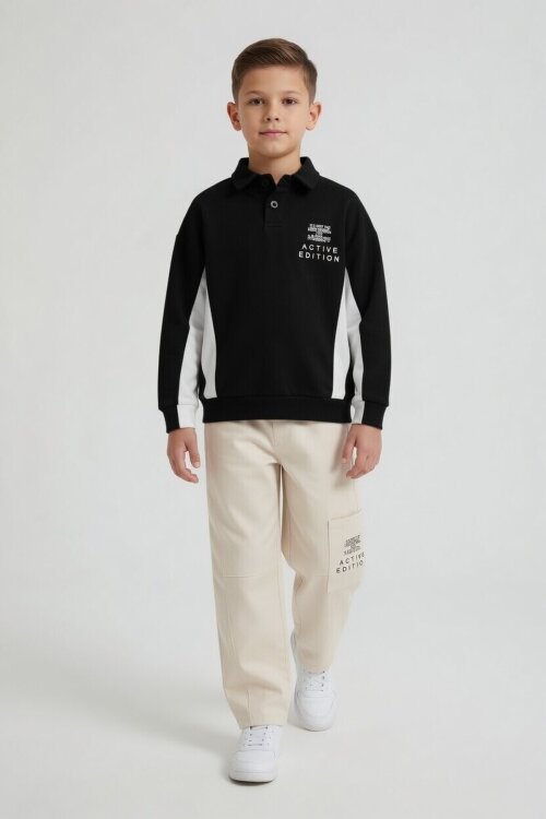 Siyah Polo Yaka Sweatshirt Keten Pantolonlu Erkek Çocuk Takım 24530