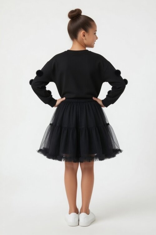 Siyah Ponponlu Badili Tütü Etekli Kız Çocuk Takım 23997