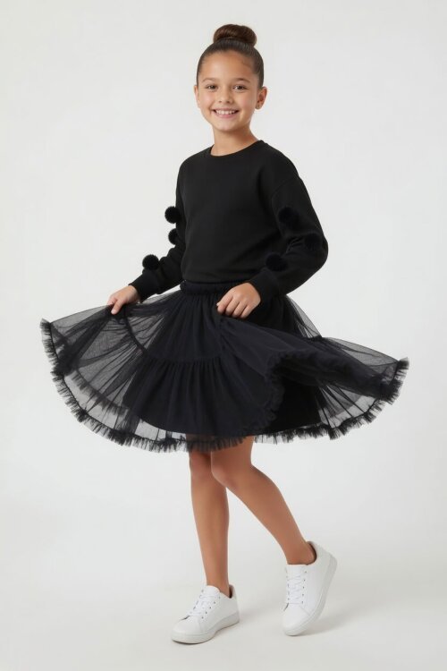 Siyah Ponponlu Badili Tütü Etekli Kız Çocuk Takım 23997