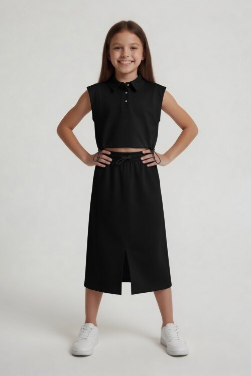 Siyah Sıfır Kol Crop ve Yırtmaç Detaylı Etekli Kız Çocuk Alt Üst Takım 24004