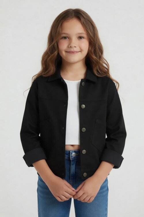 Siyah Sırtı Düğme Detaylı Kız Çocuk Gabardin Ceket 24558