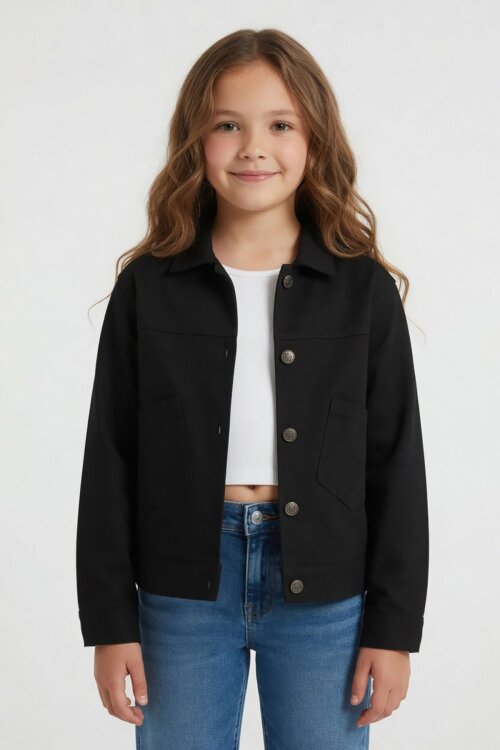 Siyah Sırtı Düğme Detaylı Kız Çocuk Gabardin Ceket 24558