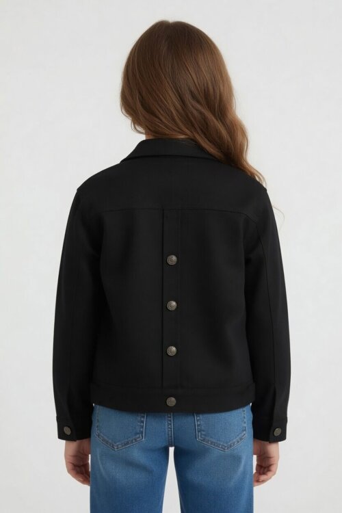 Siyah Sırtı Düğme Detaylı Kız Çocuk Gabardin Ceket 24558