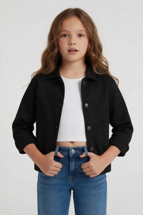 Siyah Sırtı Düğme Detaylı Kız Çocuk Gabardin Ceket 24558