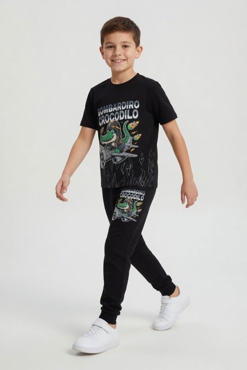 Siyah Timsah Baskılı Eşofmanlı Erkek Çocuk Tişörtlü 2li Takım  23913