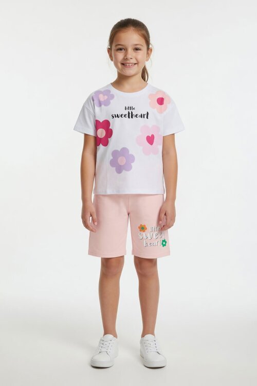 Somon Çiçek Desenli Tişörtlü Kız Çocuk Şortlu 2 Takım 23851