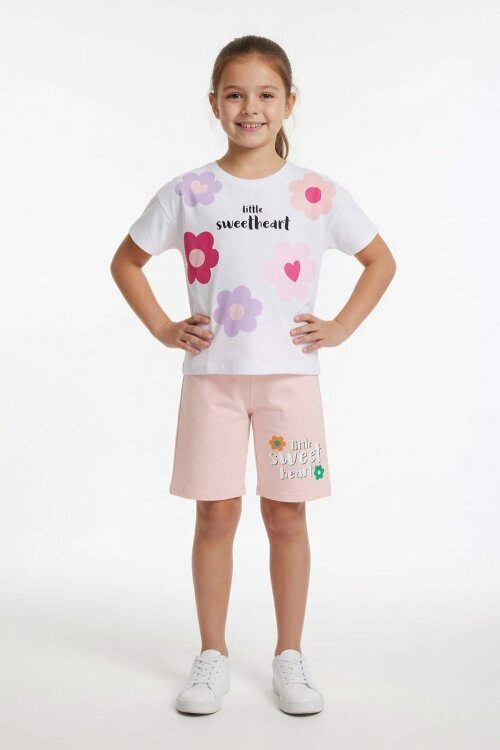 Somon Çiçek Desenli Tişörtlü Kız Çocuk Şortlu 2 Takım 23851