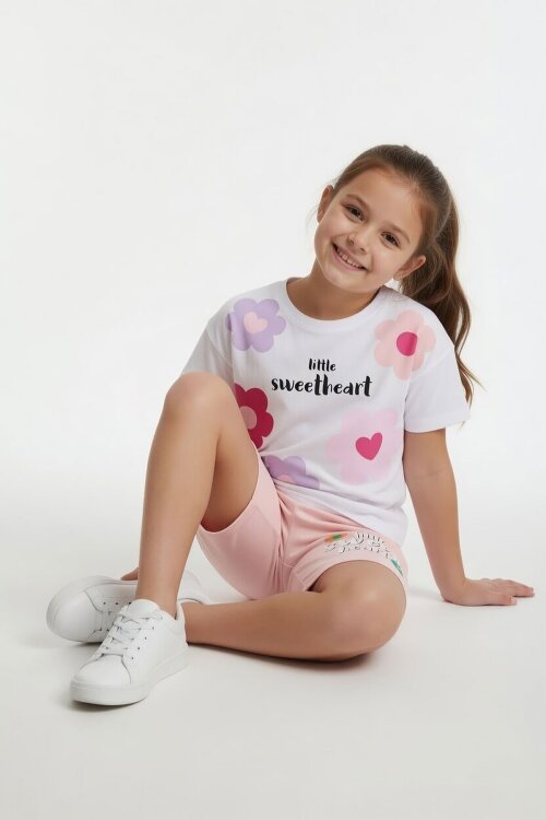 Somon Çiçek Desenli Tişörtlü Kız Çocuk Şortlu 2 Takım 23851