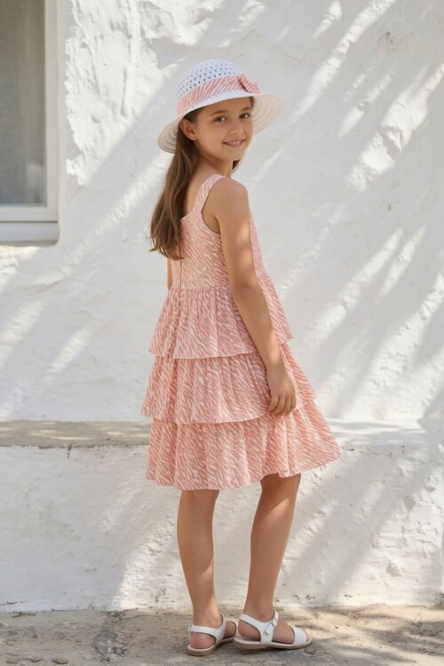 Somon Kız Çocuk Fötr Şapkalı Zebra Desenli Askılı Yazlık Elbise  24633