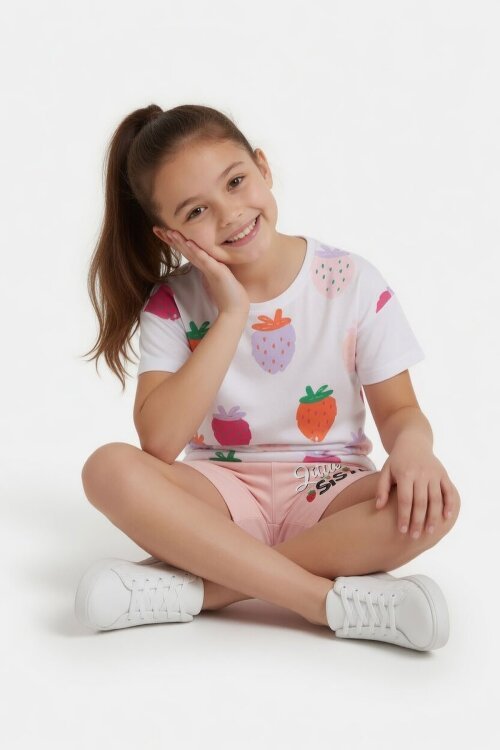 Somon Meyve Desenli Tişörtlü Kız Çocuk Şortlu Yazlık Takım 23963