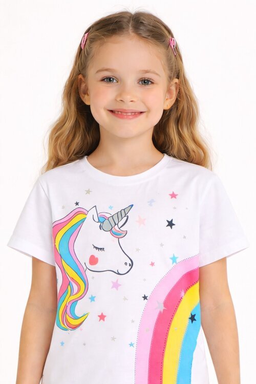 Somon Unicorn Baskılı Simli Kız Çocuk Tişörtlü Şortlu Takım 23796