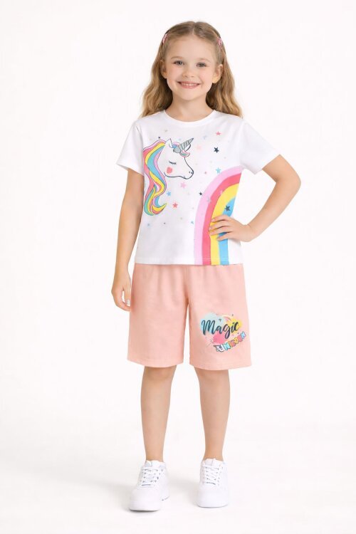 Somon Unicorn Baskılı Simli Kız Çocuk Tişörtlü Şortlu Takım 23796