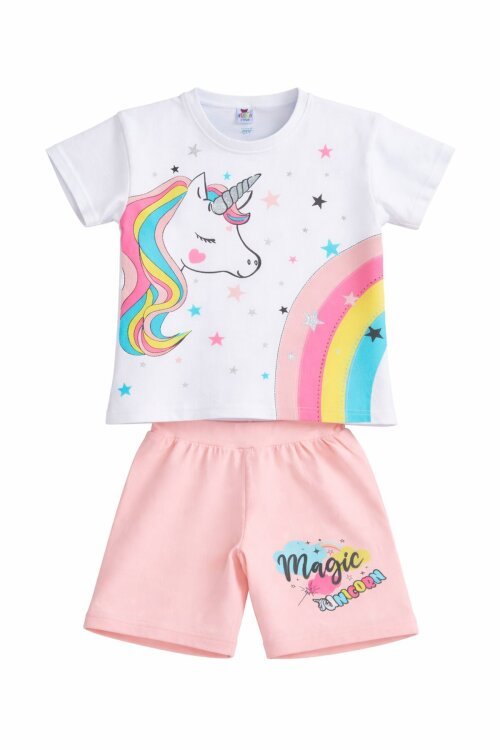 Somon Unicorn Baskılı Simli Kız Çocuk Tişörtlü Şortlu Takım 23796