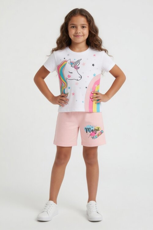 Somon Unicorn Baskılı Simli Kız Çocuk Tişörtlü Şortlu Takım 23796