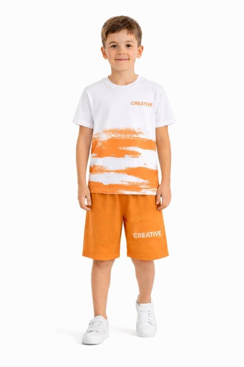 Turuncu Creative Yazılı Desenli Tişörtlü Erkek Çocuk Şortlu Takım 23793