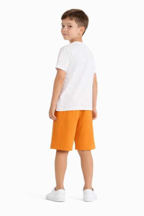 Turuncu Desenli Tişörtlü Erkek Çocuk Yazı Baskılı Şortlu Takım 23788