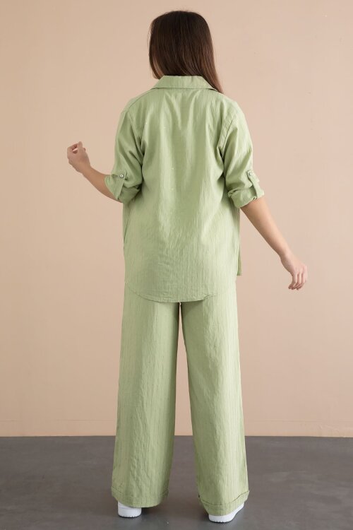 Yeşil Çizgi Desen Gömlekli Geniş Paça Pantolonlu Badili Kız Çocuk 3lü Takım 24079