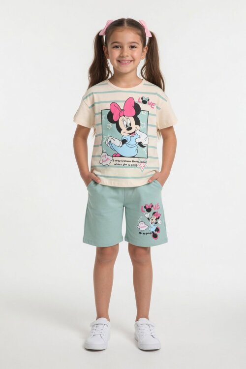 Yeşil Çizgi Desenli Karakter Baskılı Kız Çocuk Tişörtlü Şortlu Takım 23868