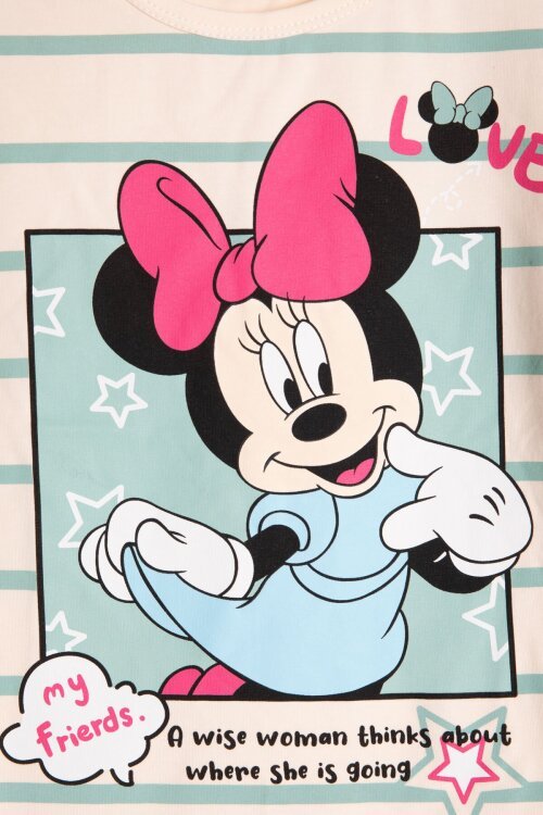 Yeşil Çizgi Desenli Karakter Baskılı Kız Çocuk Tişörtlü Şortlu Takım 23868