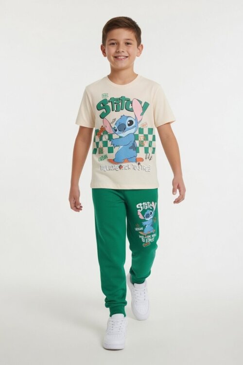 Yeşil Çizgi Karakter Baskılı Tişörtlü Erkek Çocuk Eşofman Takımı 23872