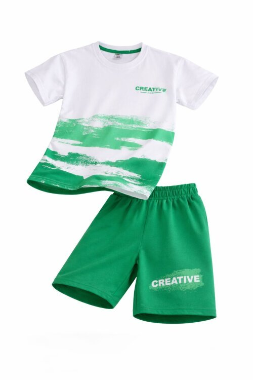 Yeşil Creative Yazılı Desenli Tişörtlü Erkek Çocuk Şortlu Takım 23790