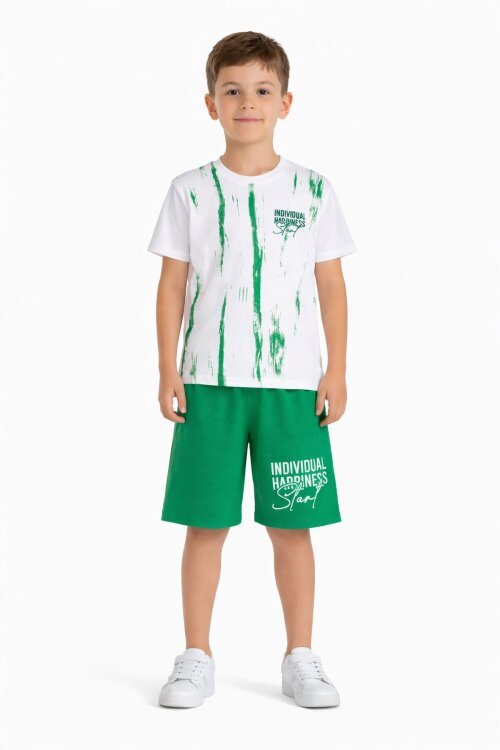 Yeşil Desenli Tişörtlü Erkek Çocuk Yazı Baskılı Şortlu Takım 23786