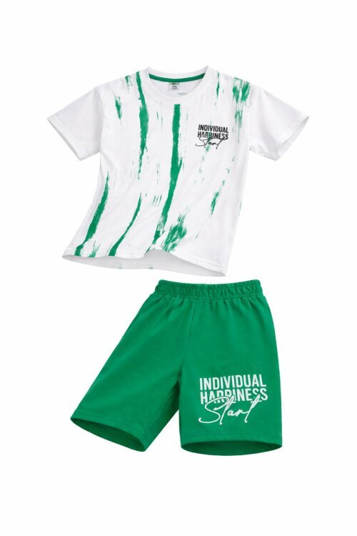 Yeşil Desenli Tişörtlü Erkek Çocuk Yazı Baskılı Şortlu Takım 23786