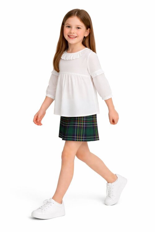 Yeşil Ekose Desenli Şort Etekli Gömlekli Kız Takım 17976