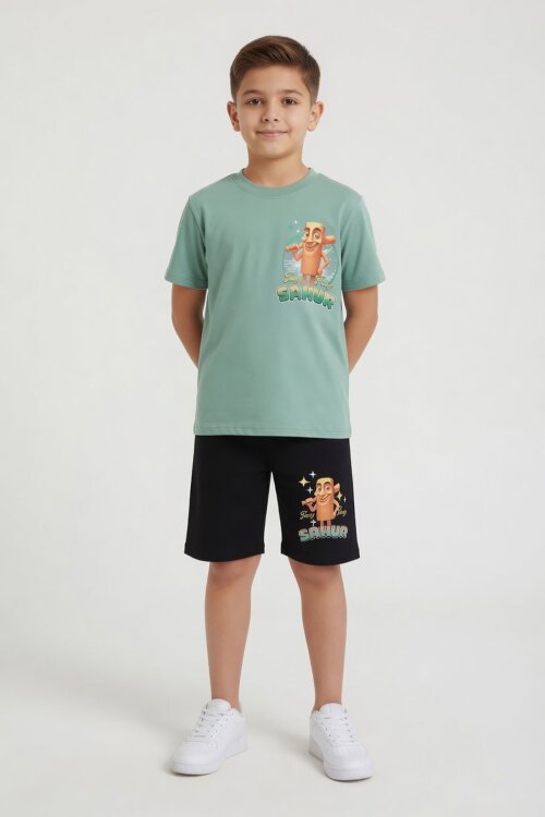 Yeşil Erkek Çocuk Bisiklet Yaka Tişörtlü Şortlu 2li Baskılı Takım 23999