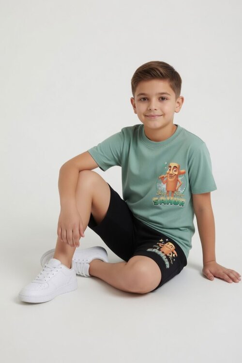 Yeşil Erkek Çocuk Bisiklet Yaka Tişörtlü Şortlu 2li Baskılı Takım 23999