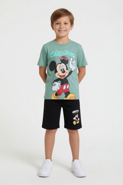 Yeşil Erkek Çocuk Mickey Fare Baskılı Şortlu 2li Takım 23966