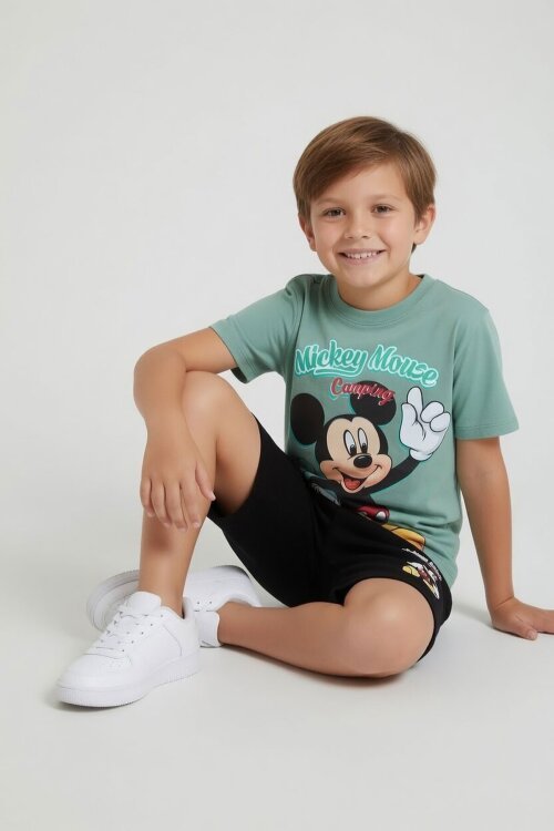 Yeşil Erkek Çocuk Mickey Fare Baskılı Şortlu 2li Takım 23966
