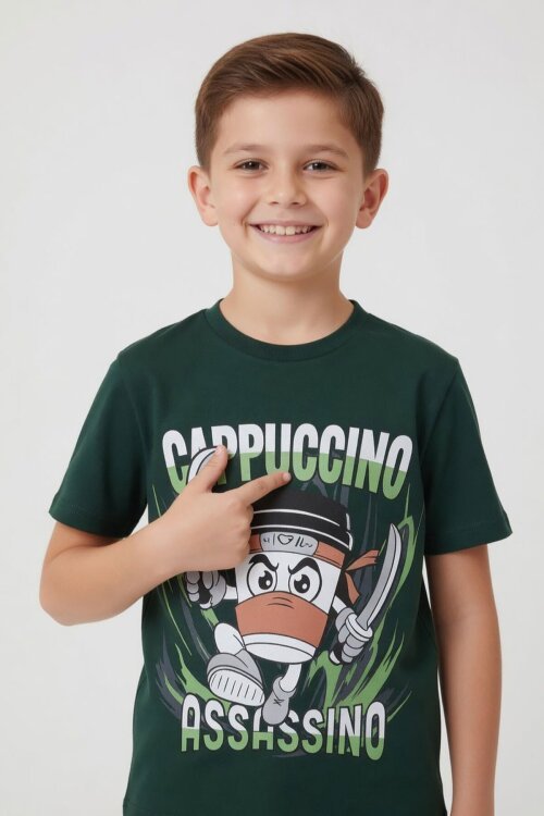 Yeşil Karakter Baskılı Bisiklet Yaka Tişörtlü Erkek Çocuk Eşofmanlı Takım 23846