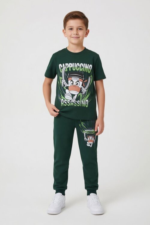 Yeşil Karakter Baskılı Bisiklet Yaka Tişörtlü Erkek Çocuk Eşofmanlı Takım 23846
