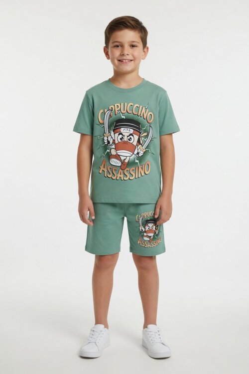 Yeşil Karakter Baskılı Bisiklet Yaka Tişörtlü Erkek Çocuk Şortlu Takım 23841