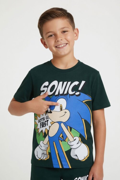 Yeşil Kirpi Sonic Baskılı Erkek Çocuk Tişörtlü Şortlu 2li Takım 23974