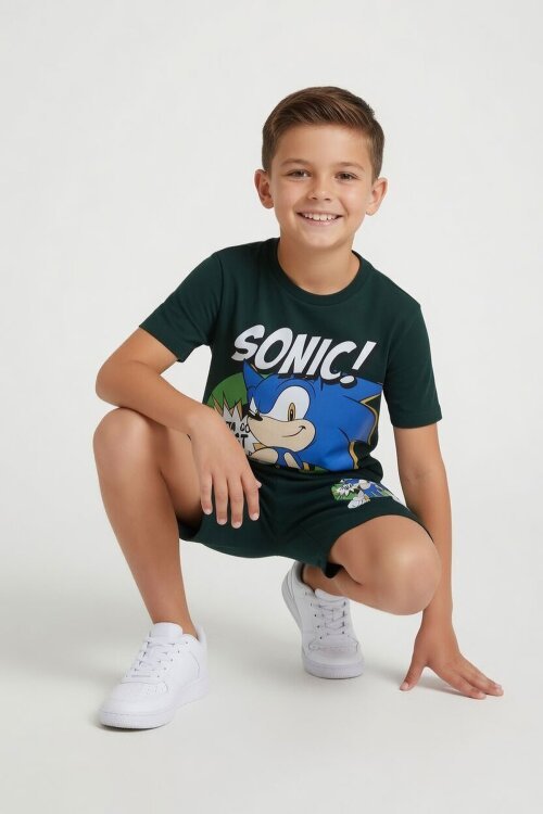 Yeşil Kirpi Sonic Baskılı Erkek Çocuk Tişörtlü Şortlu 2li Takım 23974