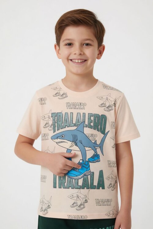 Yeşil KöpekBalığı Baskılı Bisiklet Yaka Erkek Çocuk Şortlu Takım 23837