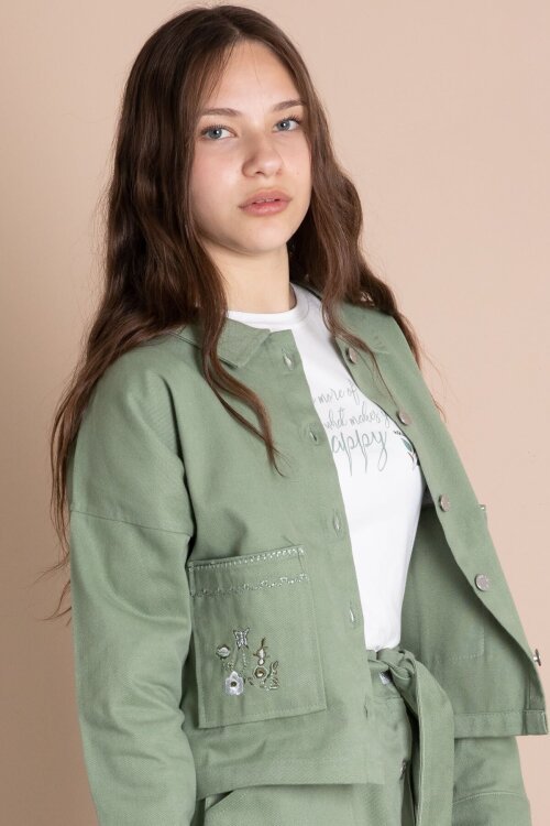 Yeşil Nakış Detaylı Jean Ceketli Kuşaklı Etekli Kız Çocuk 3lü Takım  24044