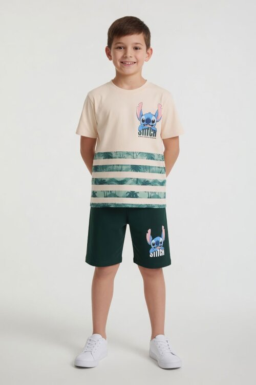 Yeşil Palmiye Desenli Çizgili Tişörtlü Erkek Çocuk Şortlu 2li Takım 23930