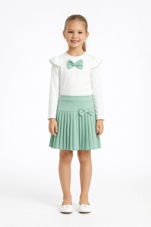 Yeşil Piliseli Etekli Uzun Kol Badili Kız Çocuk Elbise Takımı 17743