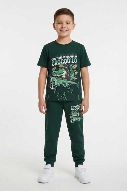 Yeşil Timsah Baskılı Eşofmanlı Erkek Çocuk Tişörtlü 2li Takım  23914